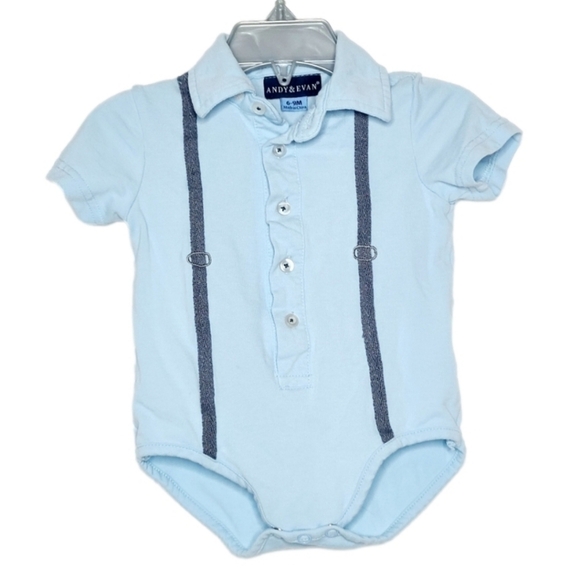 BLUE Andy & Evan Shirtzie Knit Polo Bodysuit w/Embroidered Suspenders 6-9 Months - Picture 1 of 5